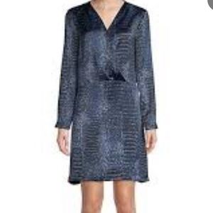 HALSTON Dark Blue Snake Skin Pattern Longsleeve Dress- Silk